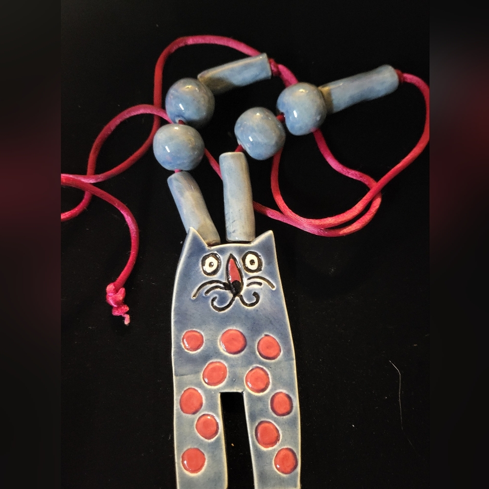 RETRO clay Cat necklace and earrings set, clip on earrings.  Statement piece